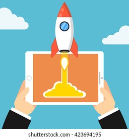 Successful startup business concept. Hands holding a tablet. Flat vector illustration with rocket launch.
