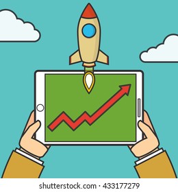 Successful startup business concept. Hands holding a tablet. Flat vector illustration with rocket launch. Chart as a symbol of success.