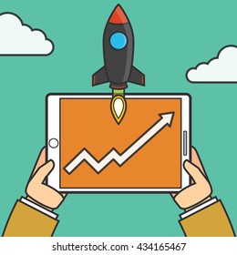 Successful startup business concept. Hands holding a tablet. Flat vector illustration with rocket launch. Chart as a symbol of success.