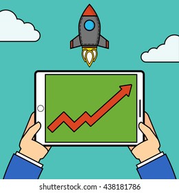 Successful startup business concept. Hands holding a tablet. Flat vector illustration with rocket launch. Chart as a symbol of success.