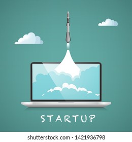 Successful startup business concept. Illustration with rocket launch and laptop on the background