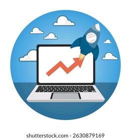Successful startup business concept with laptop. A laptop displaying a rising graph with a rocket, symbolizing business success, innovation, and technological advancement.