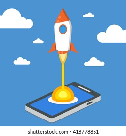 Successful startup business concept. Project development. Rocket launching from smart phone. Flat vector illustration. 