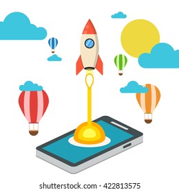Successful startup business concept. Project development. Rocket launching from smart phone. Flat vector illustration. 