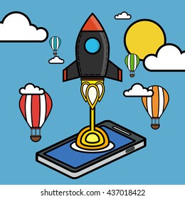 Successful startup business concept. Project development. Rocket launching from smart phone. Flat vector illustration. 