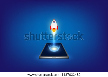 Successful startup business concept. Project development. Rocket launching from smart phone. Flat vector illustration.