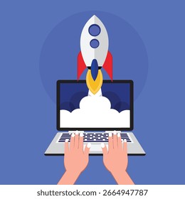 Successful startup business concept with Rocket launch from laptop screen