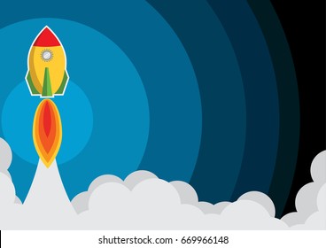 Successful startup business concept. Rocket launch with copy space on the blue background. Vector illustration.