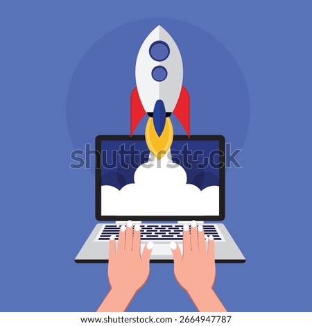 Successful startup business concept with Rocket launch from laptop screen