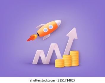 Successful startup business concept. Rocketship for startup media. 3D Vector Illustrations.