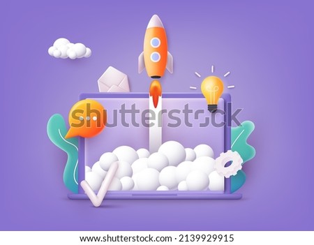 Successful startup business concept. Rocketship on computer for startup media. 3D Vector Illustrations.