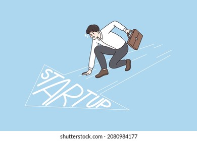 Successful startup and business concept. Smiling businessman worker sitting at start with suit and ready to maki new innovative business vector illustration 