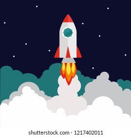 Successful startup business concept. Vector illustration with rocket launch on the background.