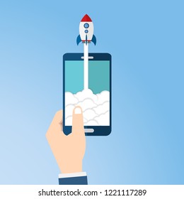 Successful startup business concept. Vector illustration with rocket launch and smartphone on the background