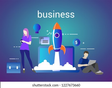 Successful startup business concept. Vector illustration with rocket launch and laptop on the background. Easy to use and highly customizable