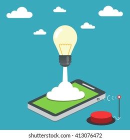 Successful startup business concept. Vector flat illustration of lightbulb start up like rocket.