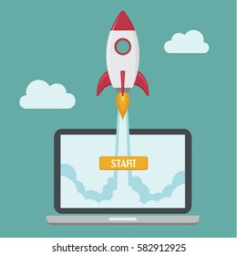 Successful startup business concept. Vector illustration with rocket launch and laptop on the background.