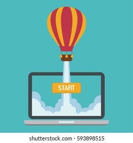 Successful startup business concept. Vector illustration with balloon launch and laptop on the background.