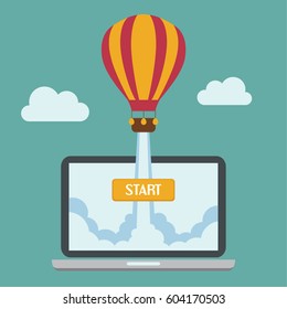 Successful startup business concept. Vector illustration with balloon launch and laptop on the background.