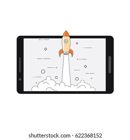 Successful startup business concept. Vector illustration with rocket launch and laptop on the background.