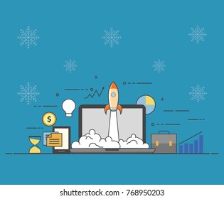 Successful startup business concept. Vector illustration with rocket launch and laptop on winter background.