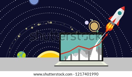 Successful startup business concept. Vector illustration with rocket launch and laptop on the background. Flat style illustration with spaceship. Rocket flying on chart, graph going up. Business growt