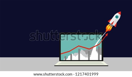 Successful startup business concept. Vector illustration with rocket launch and laptop on the background. Flat style illustration with spaceship. Rocket flying on chart, graph going up. Business growt
