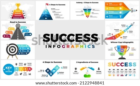 Successful startup. Business Infographics. Presentation slide templates. 2, 3, 4, 5, 6, 7 steps. Stairs up. Mountain peak. Financial scheme chart, graph, circle diagram, reports. strategy. 