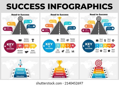 Successful startup. Business Infographics. Road and key to success. Presentation roadmap slide templates. 3, 4, 5, 6, 7, 8 steps. Stairs up. Winner cup. Rocket launch. 