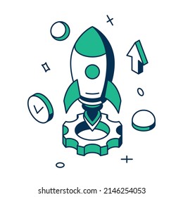 Successful startup business strategy development launching rocket and gear 3d icon isometric vector illustration. Succeed marketing solution innovation idea project discovery financial profit increase