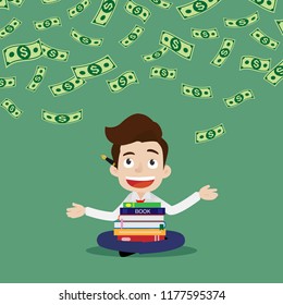 Successful startup businessman writer, sitting under money rain banknotes, Cartoon vector illustration