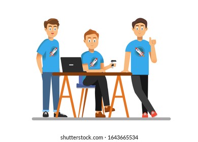 Successful startup co-founders are posing in front of the camera and smiling