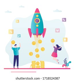 Concepto de inicio correcto. Felices promotores o inversionistas con monedas de oro. Nueva empresa de beneficios, exitoso proyecto de negocio. Despegue de cohetes. Personajes de negocios a la moda. Ilustración del vector