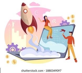 Successful startup concept with people working. Businessman launching a huge light bulb, rocket, launching a business project, web template. Vector illustration 