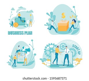 Successful Startup Flat Vector Illustrations Set. Business Deal. Businessmen Shaking Hands Cartoon Characters. Financial Planning, Cash Profit Idea. Coworking Arrangement, Colleague Agreement