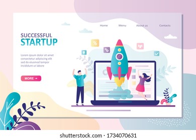 Successful startup landing page template. Rocket takeoff on laptop screen. Happy businesspeople or investors. New business development,teamwork. Achievement, new internet company. Vector illustration