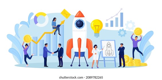 Successful startup launch. Space rocket flies up with graphs charts and diagram on background. Tiny businessmen developing business project with new ideas, vision, growth strategy, innovation