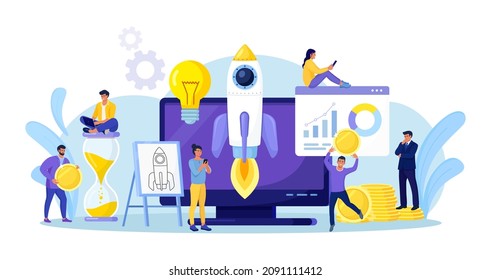 Inicio exitoso. El cohete espacial vuela con gráficos y diagrama en pantalla de computadora. Pequeños empresarios desarrollando proyectos empresariales con nuevas ideas, visión, estrategia de crecimiento, innovación