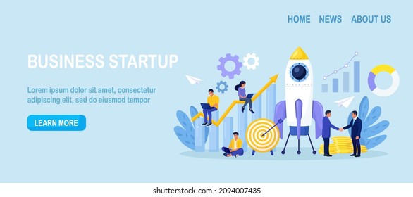 Successful startup launch. Space rocket flies up with graphs charts and diagram on background. Tiny businessmen developing business project with new ideas, vision, growth strategy, innovation