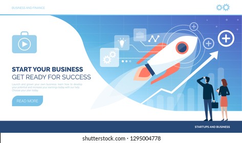 Successful startup and new busines concept with rocket and business people looking at a successful financial chart