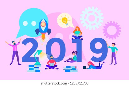 A successful startup in the new year, business planning on the eve of the new year, teamwork a new stage in the work, the inscription 2019 on the background of the working process in the office