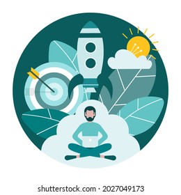 Successful startup, online business, e-commerce. Young man with laptop and rocket on the background