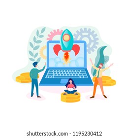 Successful startup online project, teamwork, internet marketing concept. Vector illustration for web design, mobile apps, advertising posters and blogs.