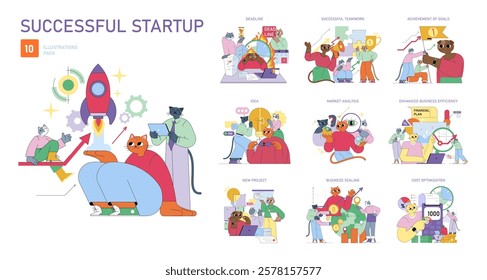Successful Startup Pack. Illustrates key concepts of launching and managing a startup through teamwork and planning. Features ideas like market analysis, achieving goals, and business efficiency
