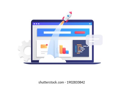 A successful startup project vector illustration with modern laptop, website and rocket  