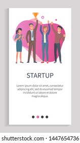 Successful startup team achieved prize vector, businessman holds trophy in hands colleagues happy for achievement and celebrating victory. Website or app slider template, landing page flat style