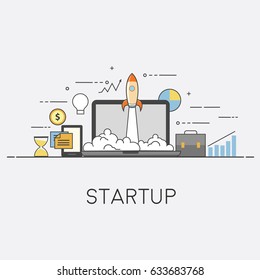 Successful startup. Vector illustration with rocket launch and laptop on the background.