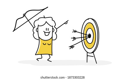 Successful stick woman shooting arrow at target with bow. Business concept of pointing at goal or success. Vector illustration.
