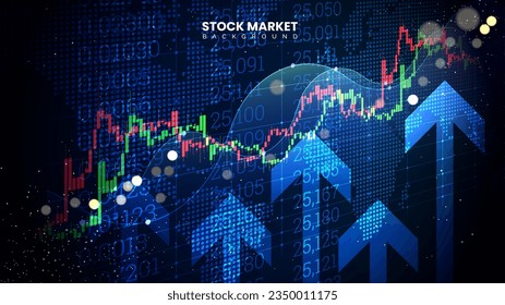 Successful stock market statistical information with up arrows. Financial yield curves, bond data, trading charts, and uptrend line candlestick graphs on a monitor