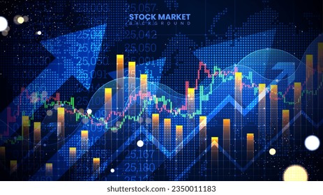 Successful stock market statistical information and trends with up arrows. Futuristic financial trading chart. Economic information growth background